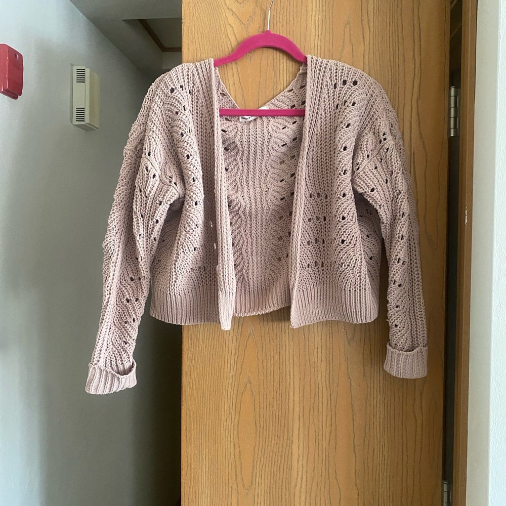Open-Front Pointelle Knit Cardigan - Dusty Pink